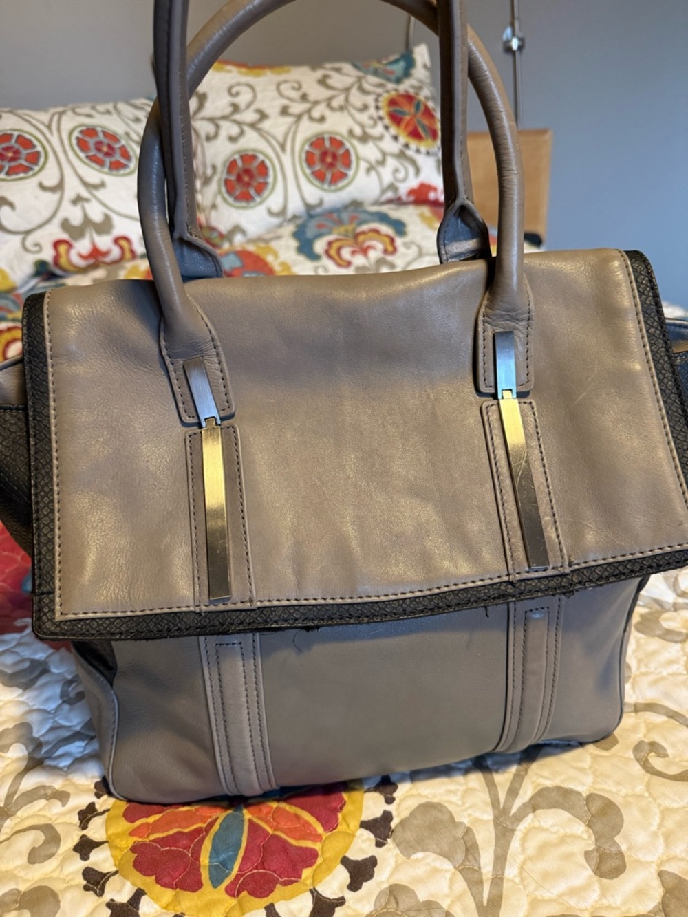 Walter Baker Gray Leather Top-Handle Satchel with metal accents